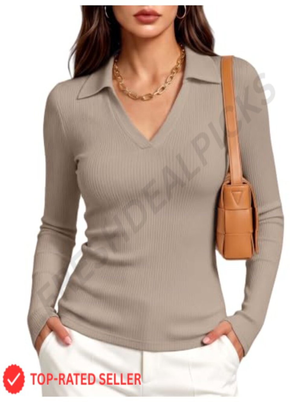 Long Sleeve V-Neck Polo Shirt Fitted Business Casual Office Top